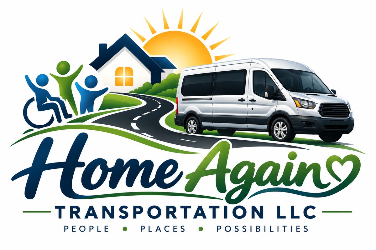 Home Again Transportation LLC logo: a van on a winding road home, with the tagline People, Places, Possibilities
